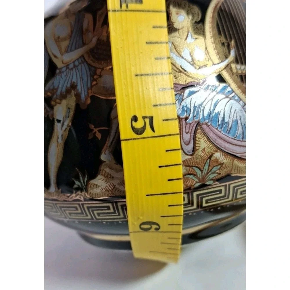 Vintage Greek Mythology Black Gold Amphora Vase‎ Double Handle Urn Harp Greece